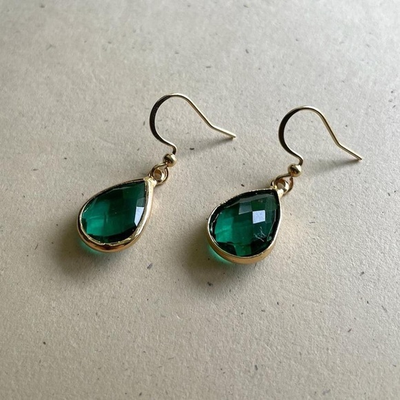 Gold-tone Green Erinite Gemstone Drop Earrings - Picture 2 of 5